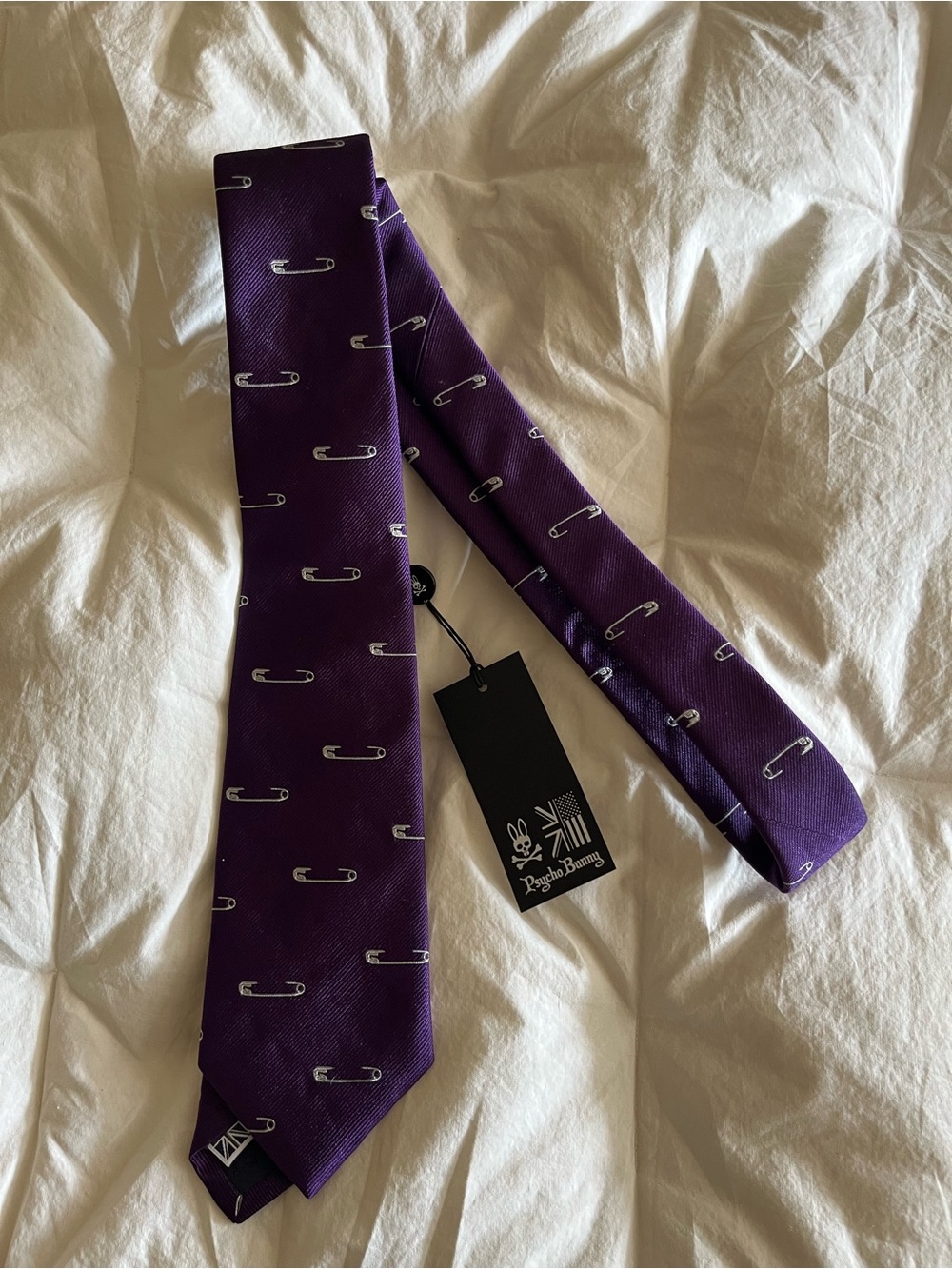 Psycho Bunny Purple Safety Pin 100% Silk Tie NWT